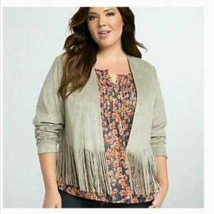 Torrid Suede Open Front Cropped Fringe Jacket  3X